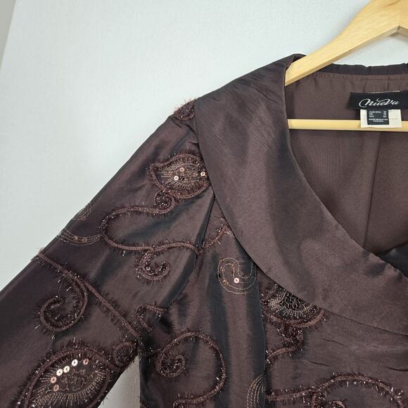 VTG Nueva Satin Top Jkt Sz 12 Brown Embroidered Sequins Art To Wear Formal - Picture 3 of 14